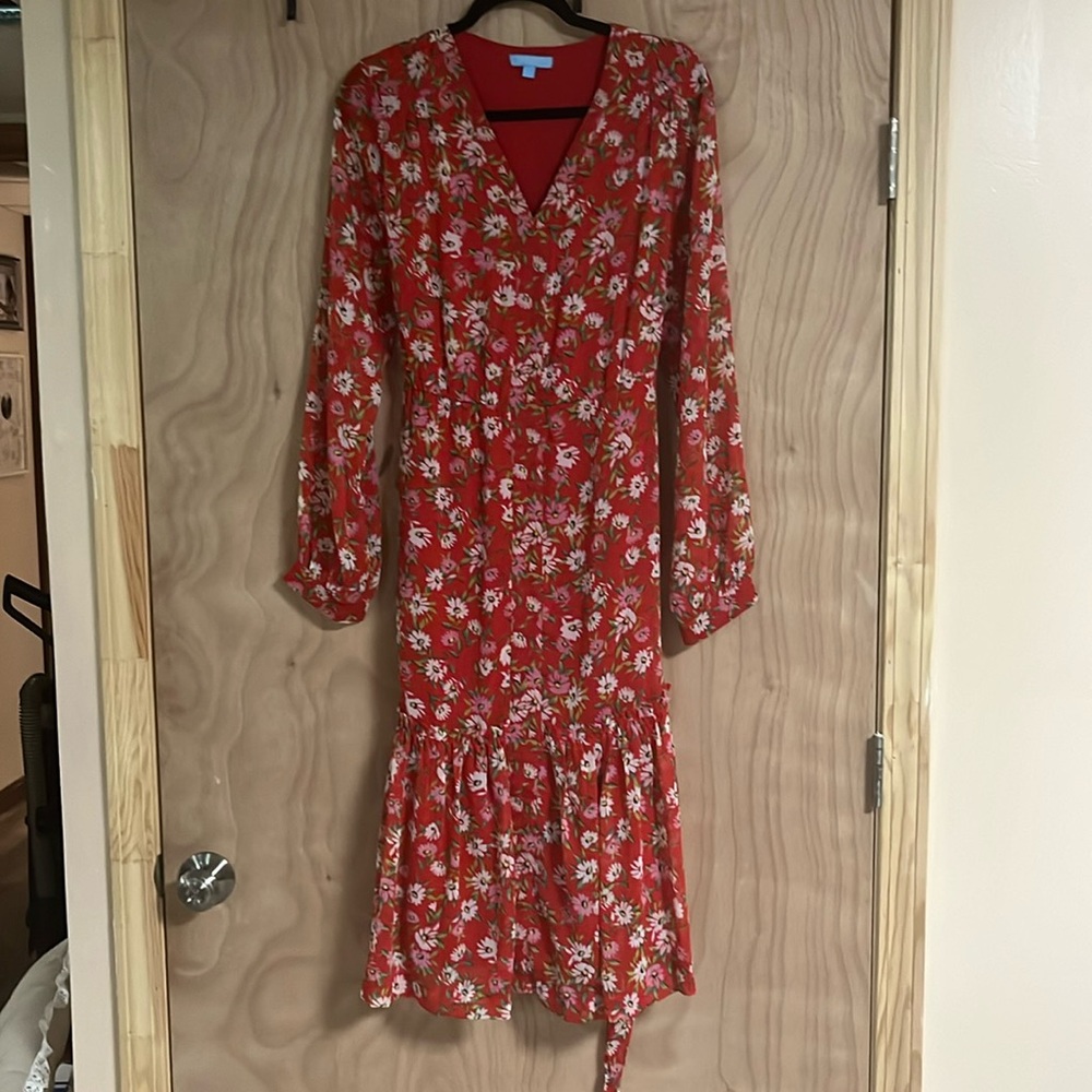 Red floral long sleeve tie waist midi dress